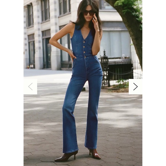 Pilcro Pants - Pilcro Denim Jumpsuit Women 8 Blue Boho Retro 70s Flare Button Front Sleeveless
